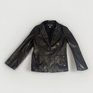 Banana Republic Black Leather Blazer White Stitching 14 EUC Single Button